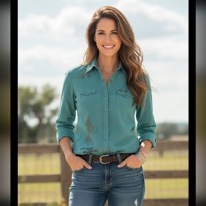 Vintage Wrangler Teal Gold Cowgirls Rock Snap Button Western Shirt Size XL